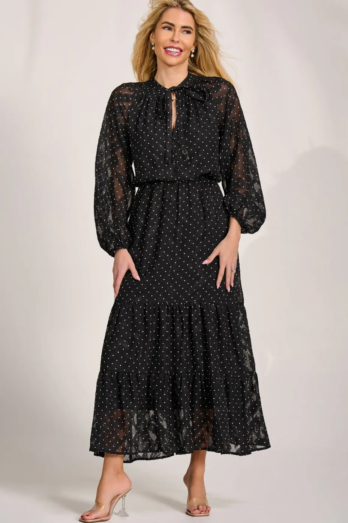 Textured Chiffon Long Sleeve Maxi Dress, Black Spot