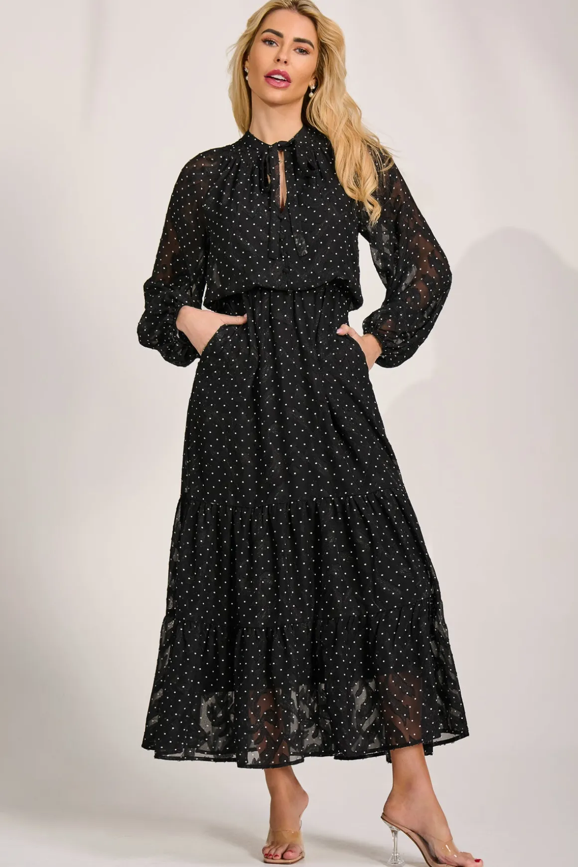 Textured Chiffon Long Sleeve Maxi Dress, Black Spot