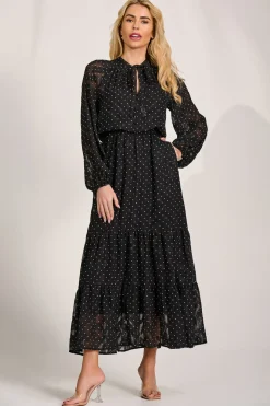 Textured Chiffon Long Sleeve Maxi Dress, Black Spot