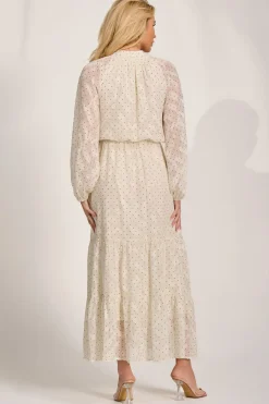 Textured Chiffon Long Sleeve Maxi Dress, Cream Spot
