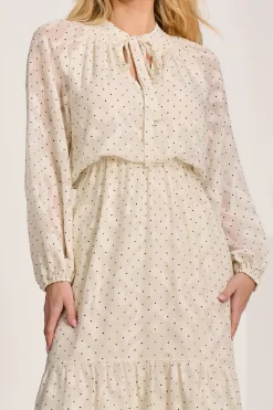 Textured Chiffon Long Sleeve Maxi Dress, Cream Spot
