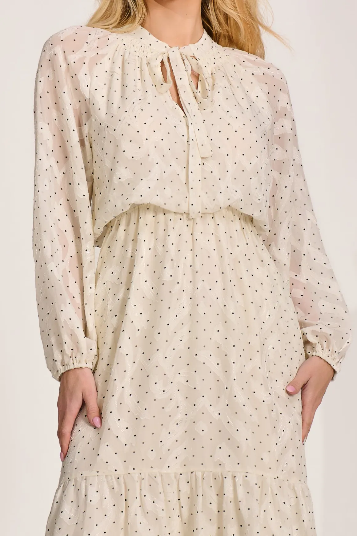 Textured Chiffon Long Sleeve Maxi Dress, Cream Spot