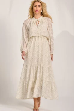 Textured Chiffon Long Sleeve Maxi Dress, Cream Spot