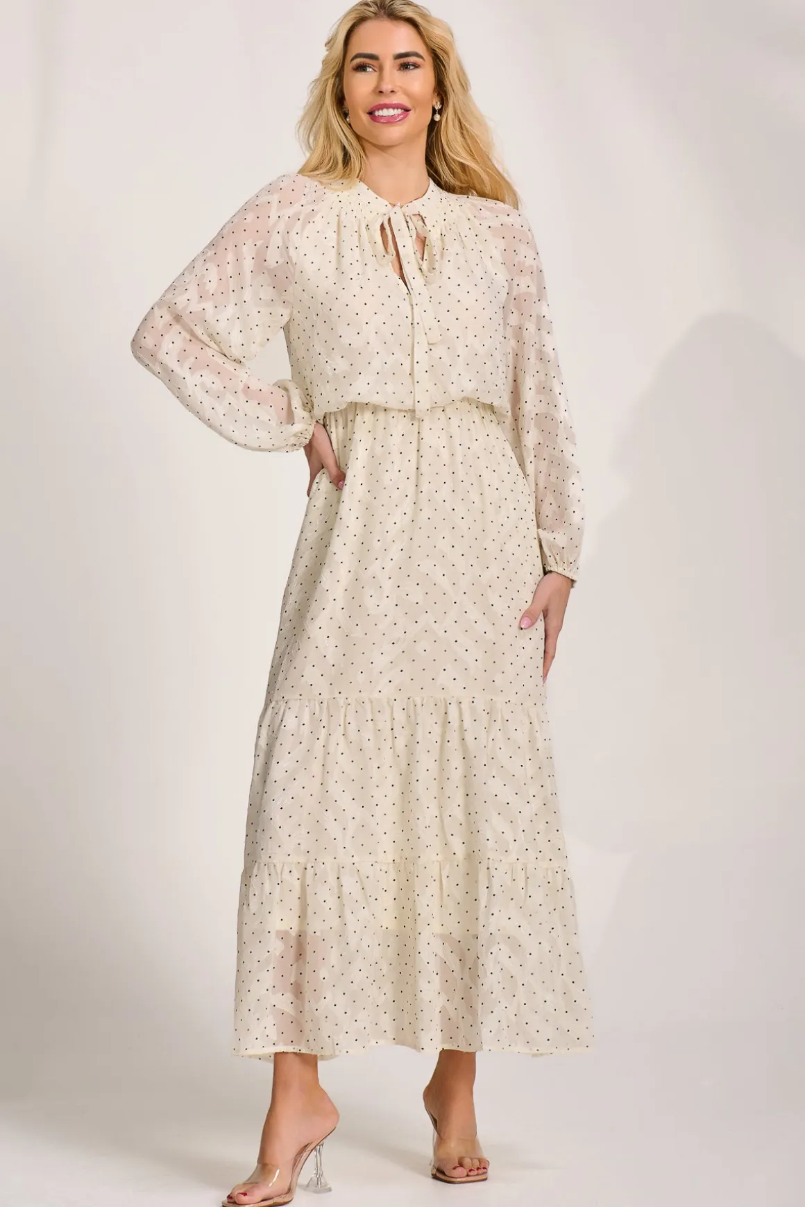Textured Chiffon Long Sleeve Maxi Dress, Cream Spot