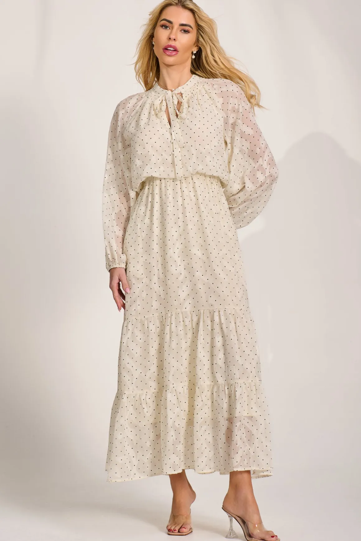 Textured Chiffon Long Sleeve Maxi Dress, Cream Spot