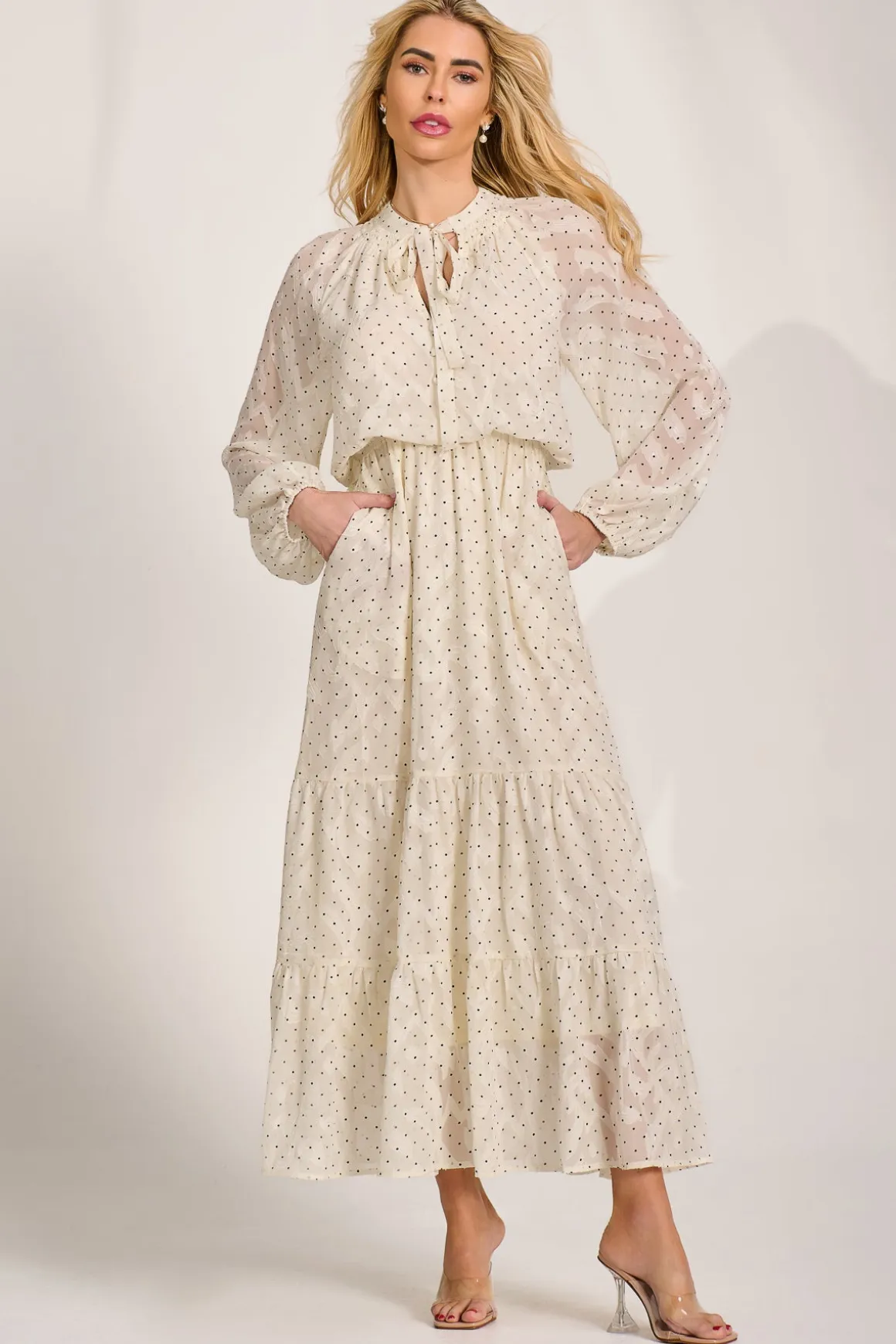 Textured Chiffon Long Sleeve Maxi Dress, Cream Spot
