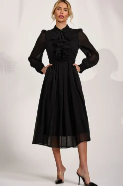 Textured Chiffon Long Sleeve Shirt Dress, Black