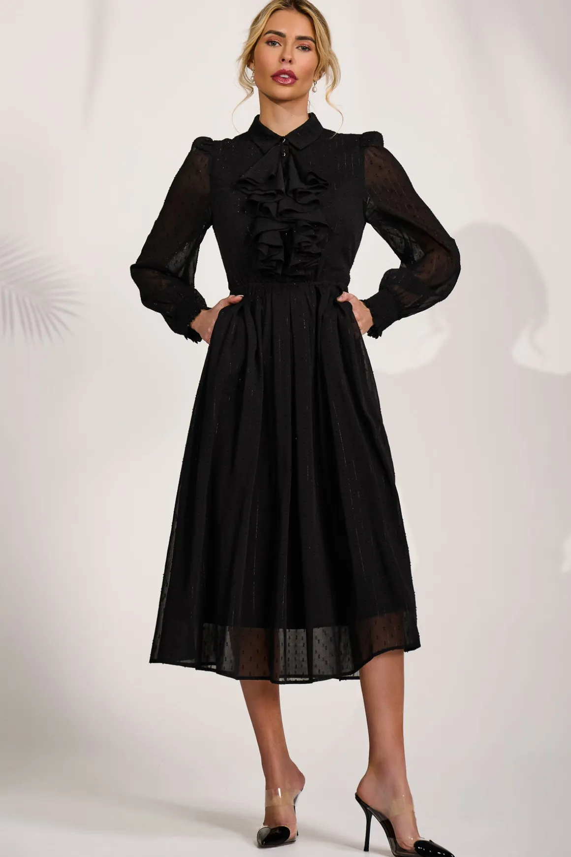 Textured Chiffon Long Sleeve Shirt Dress, Black