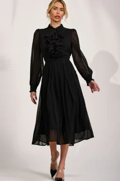 Textured Chiffon Long Sleeve Shirt Dress, Black
