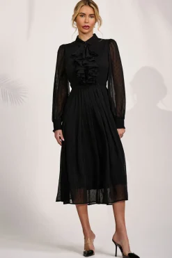 Textured Chiffon Long Sleeve Shirt Dress, Black