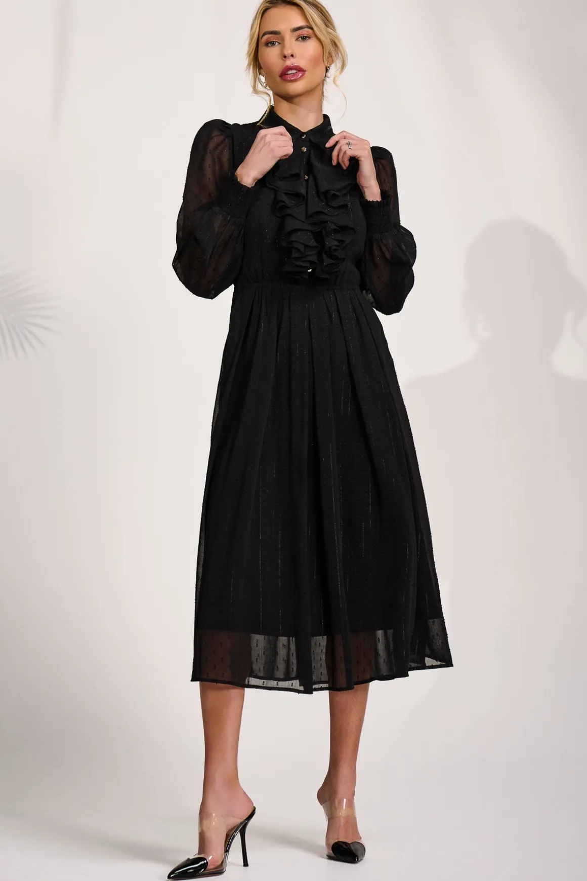 Textured Chiffon Long Sleeve Shirt Dress, Black