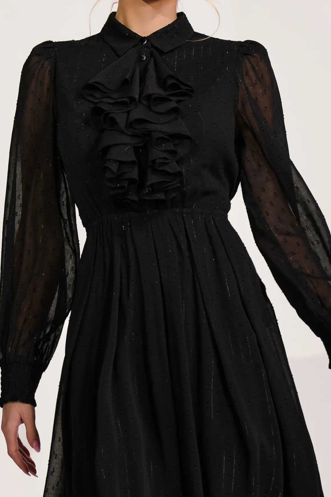 Textured Chiffon Long Sleeve Shirt Dress, Black