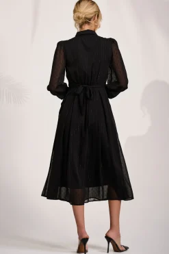 Textured Chiffon Long Sleeve Shirt Dress, Black