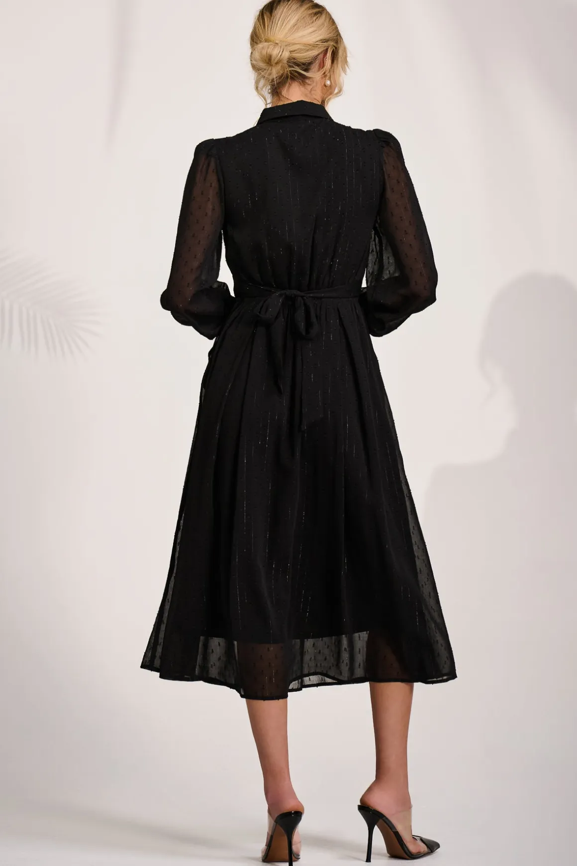 Textured Chiffon Long Sleeve Shirt Dress, Black
