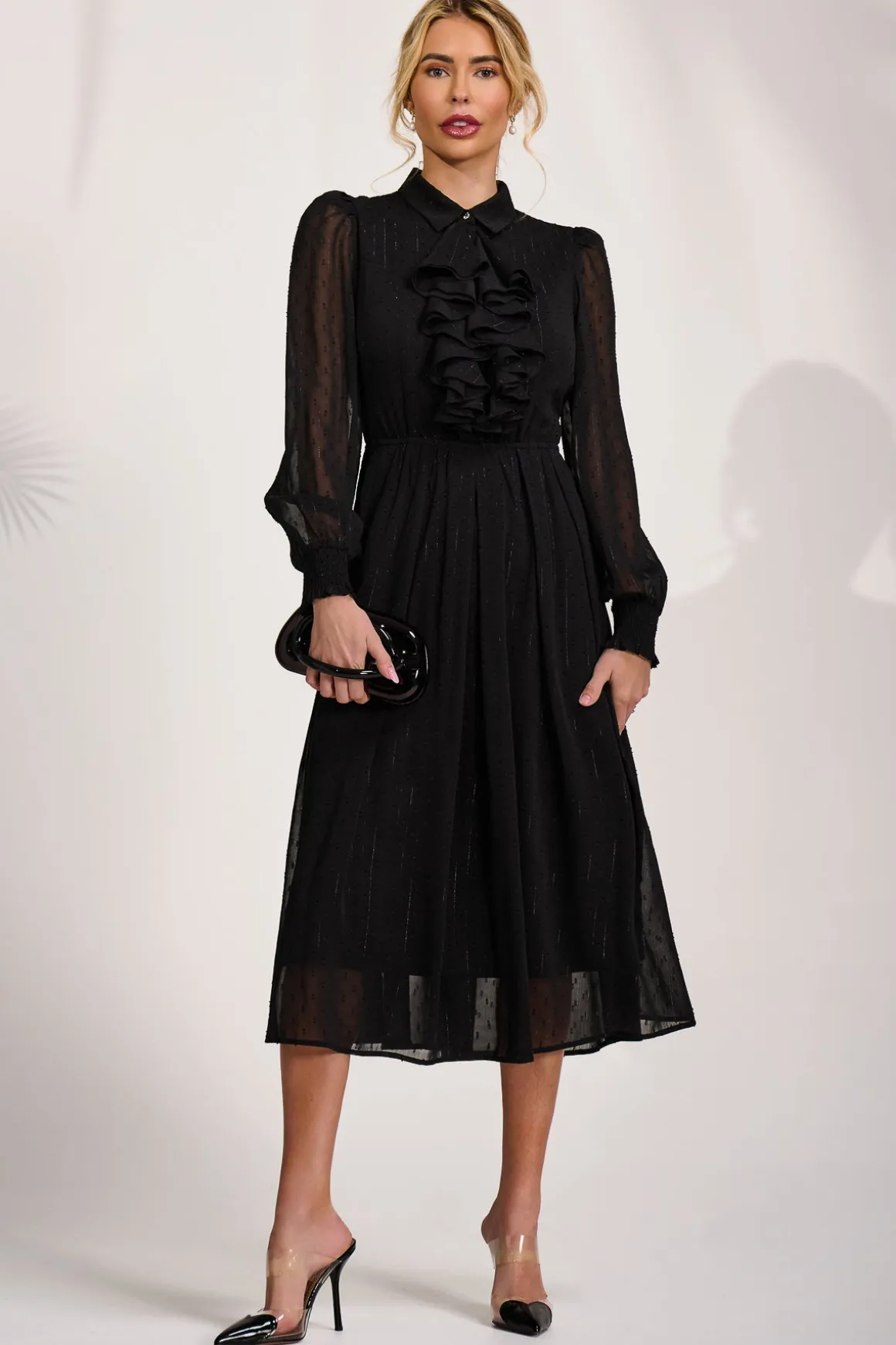 Textured Chiffon Long Sleeve Shirt Dress, Black