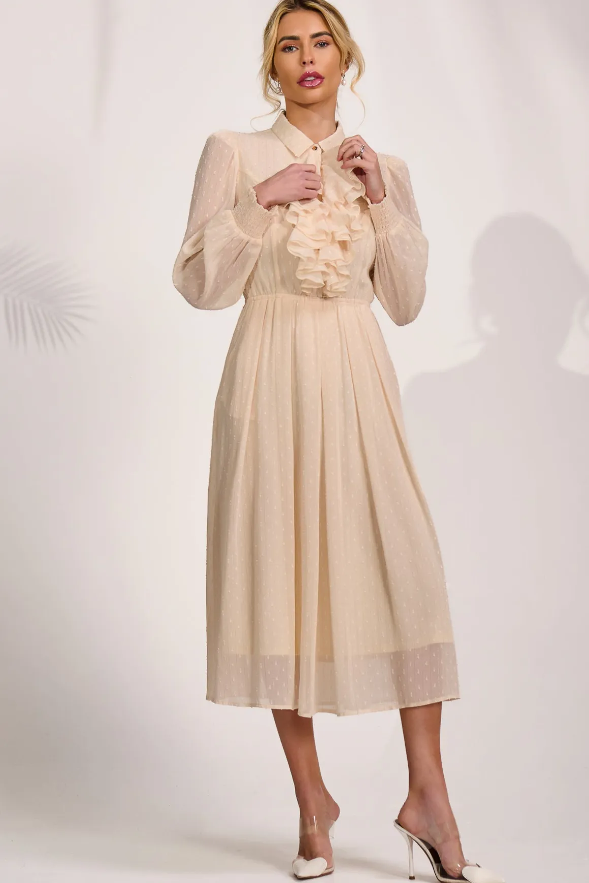Textured Chiffon Long Sleeve Shirt Dress, Cloud White