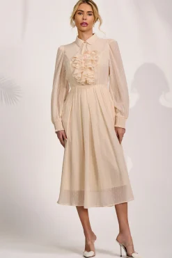 Textured Chiffon Long Sleeve Shirt Dress, Cloud White