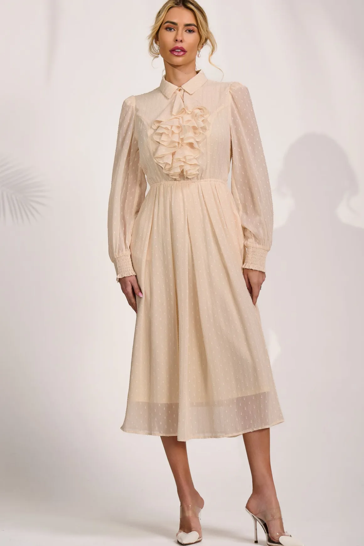 Textured Chiffon Long Sleeve Shirt Dress, Cloud White