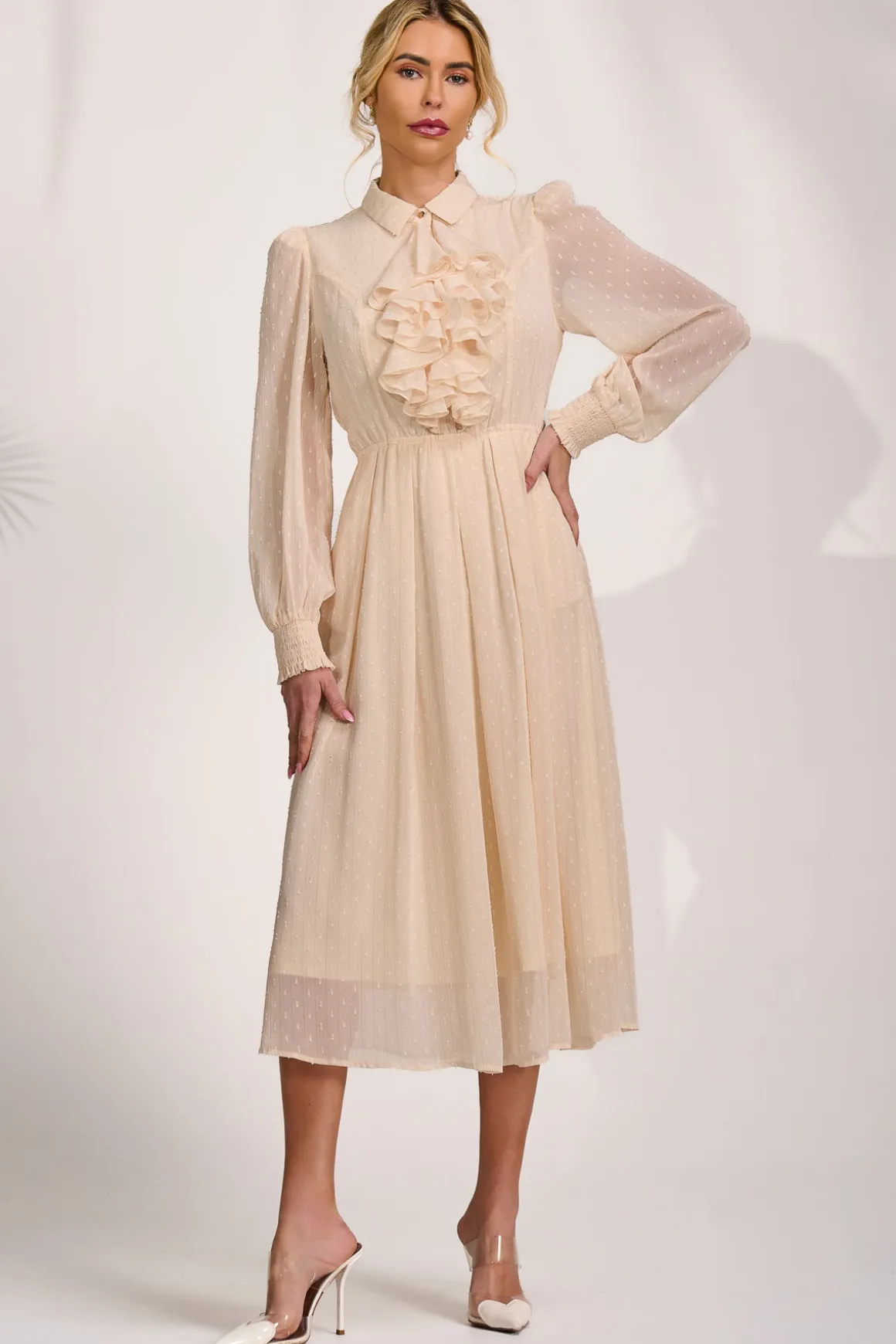 Textured Chiffon Long Sleeve Shirt Dress, Cloud White