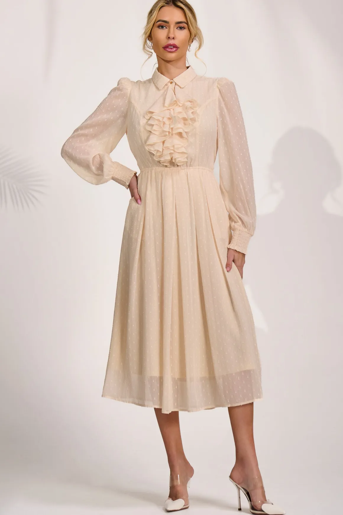 Textured Chiffon Long Sleeve Shirt Dress, Cloud White