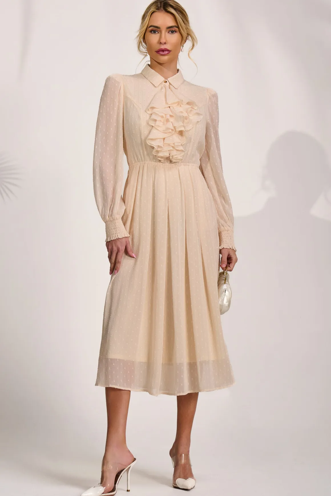 Textured Chiffon Long Sleeve Shirt Dress, Cloud White