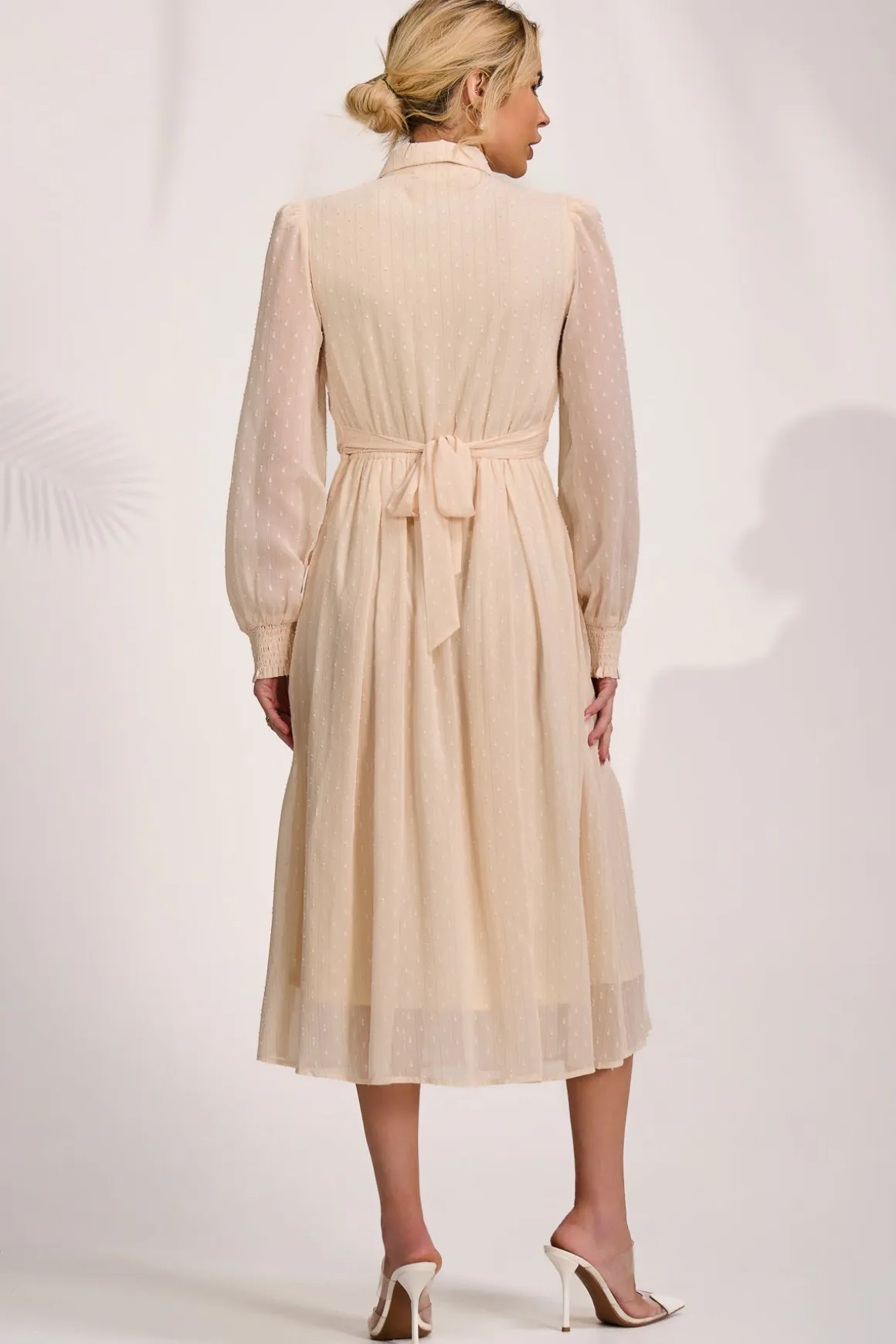 Textured Chiffon Long Sleeve Shirt Dress, Cloud White