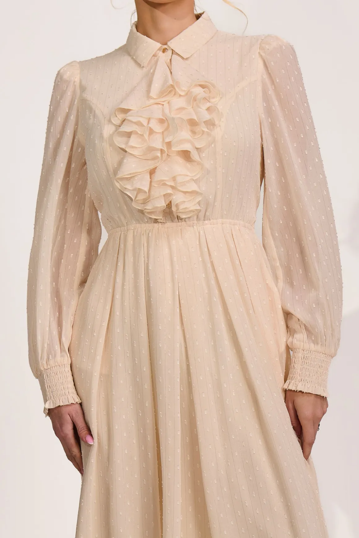 Textured Chiffon Long Sleeve Shirt Dress, Cloud White