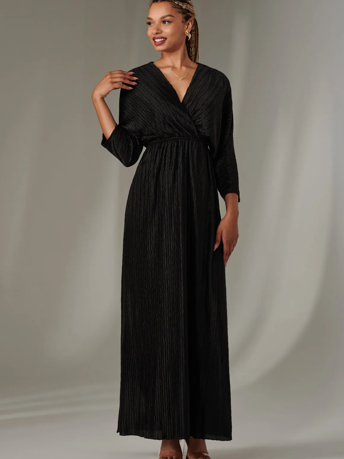 Textured Jersey Long Sleeve Maxi Dress, Black