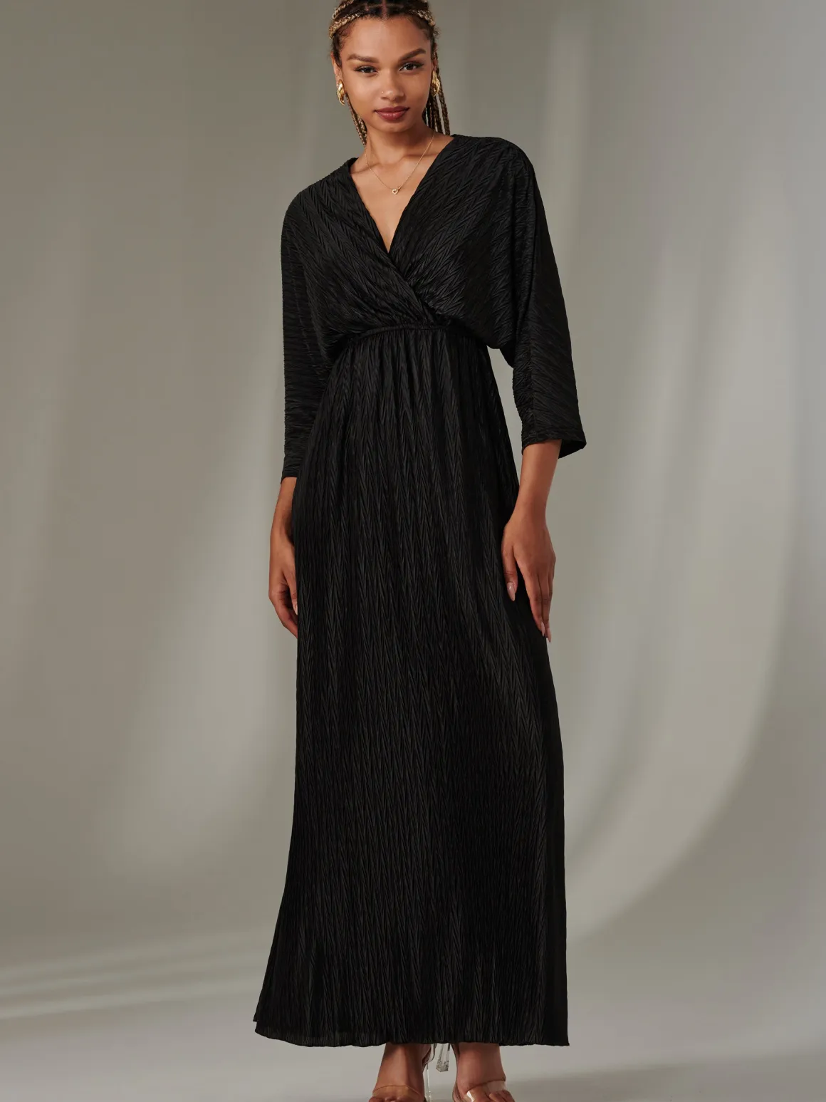 Textured Jersey Long Sleeve Maxi Dress, Black