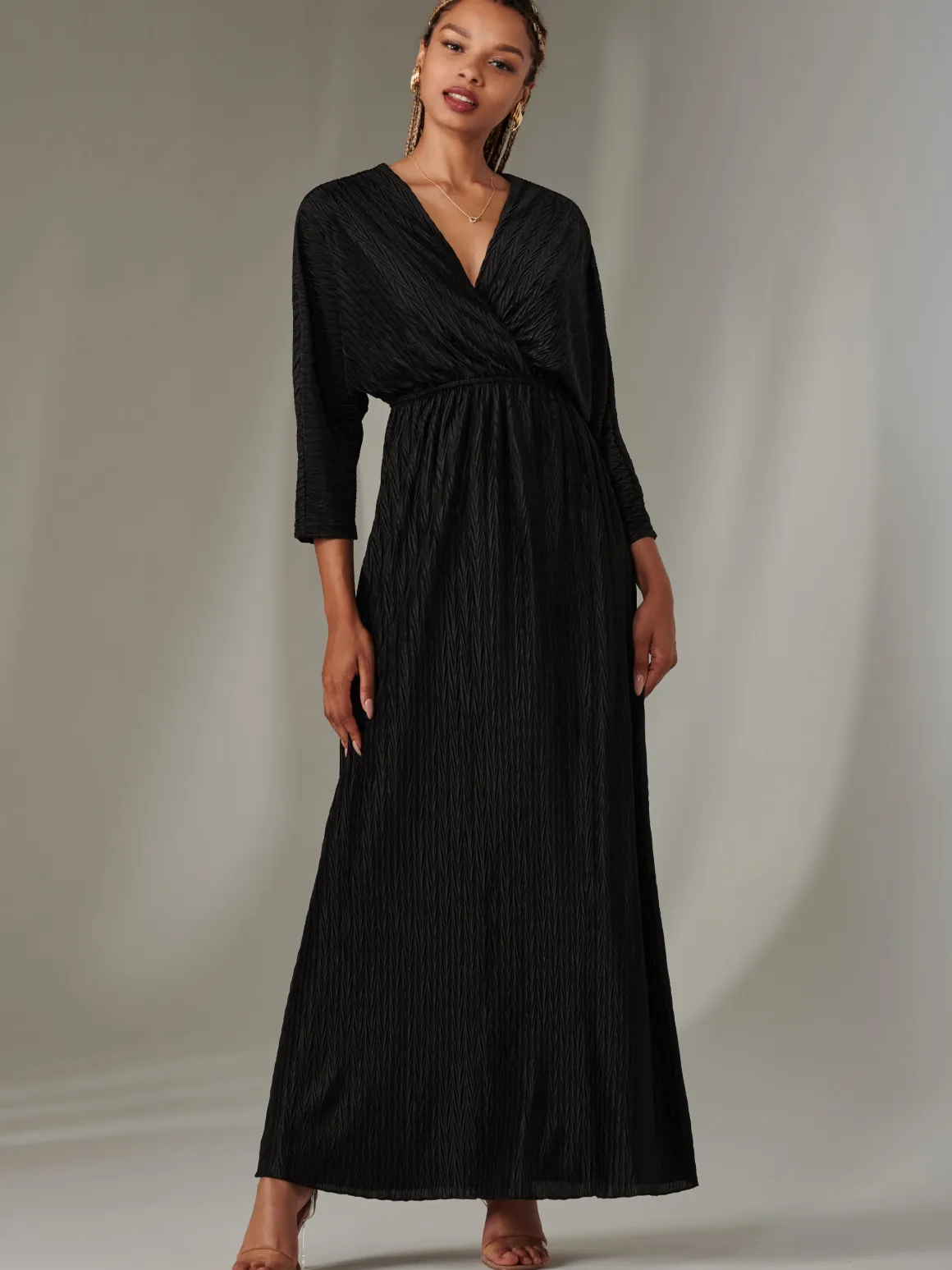Textured Jersey Long Sleeve Maxi Dress, Black