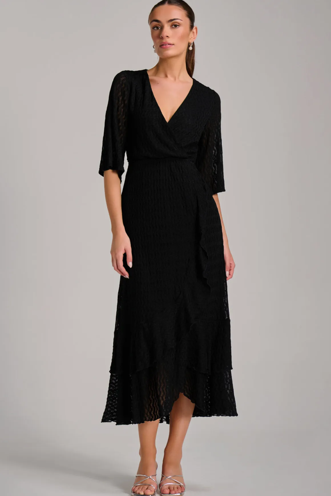 Textured Ruffle Hem Knitted Maxi Dress, Black