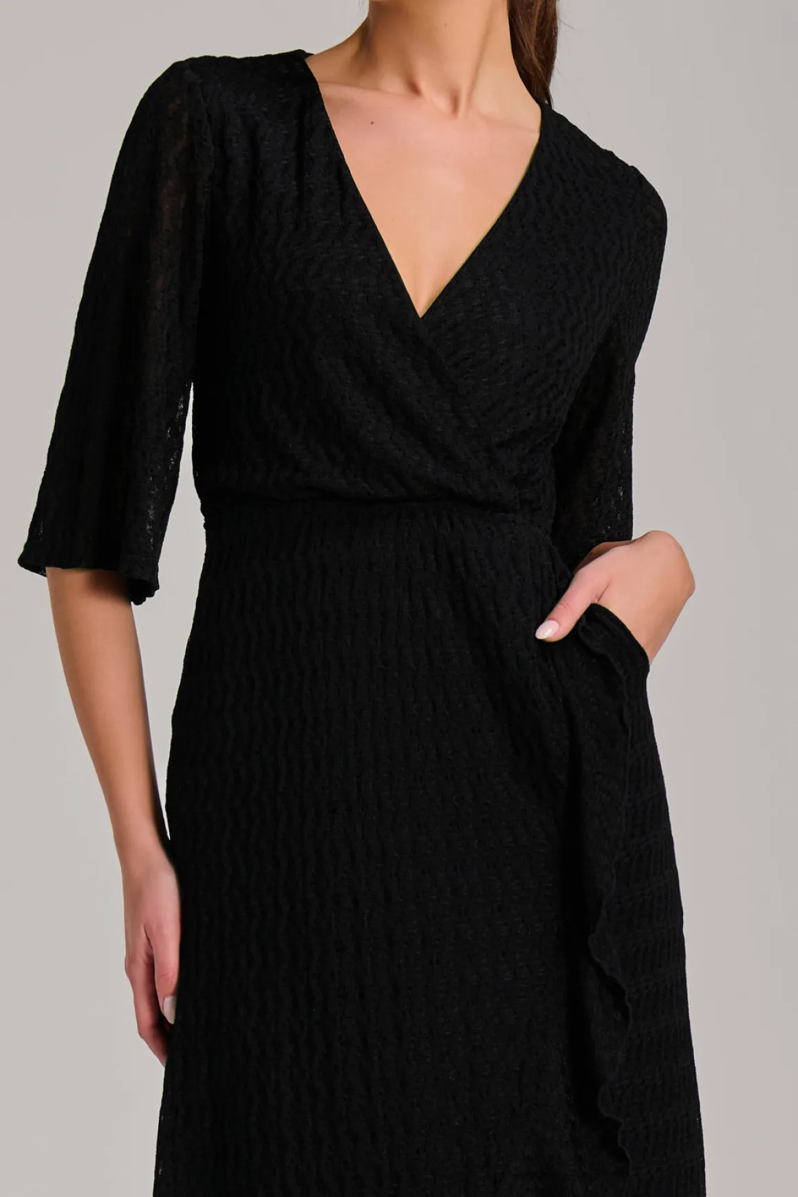 Textured Ruffle Hem Knitted Maxi Dress, Black