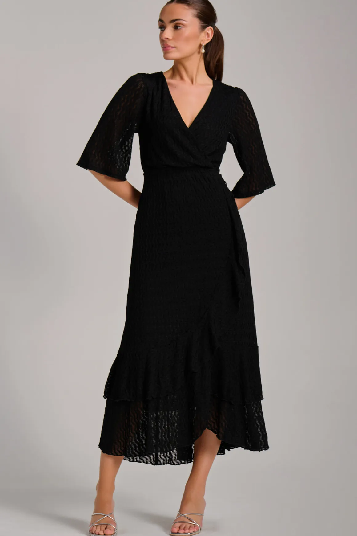 Textured Ruffle Hem Knitted Maxi Dress, Black