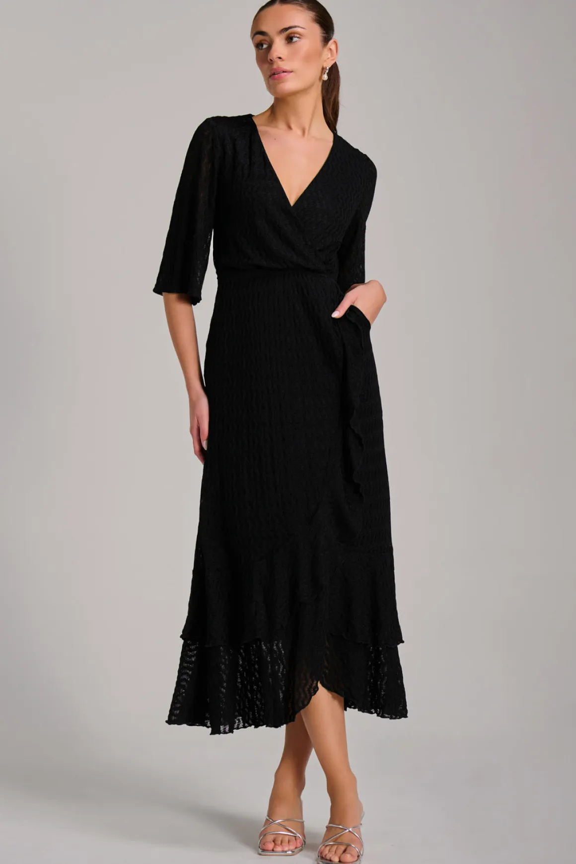 Textured Ruffle Hem Knitted Maxi Dress, Black