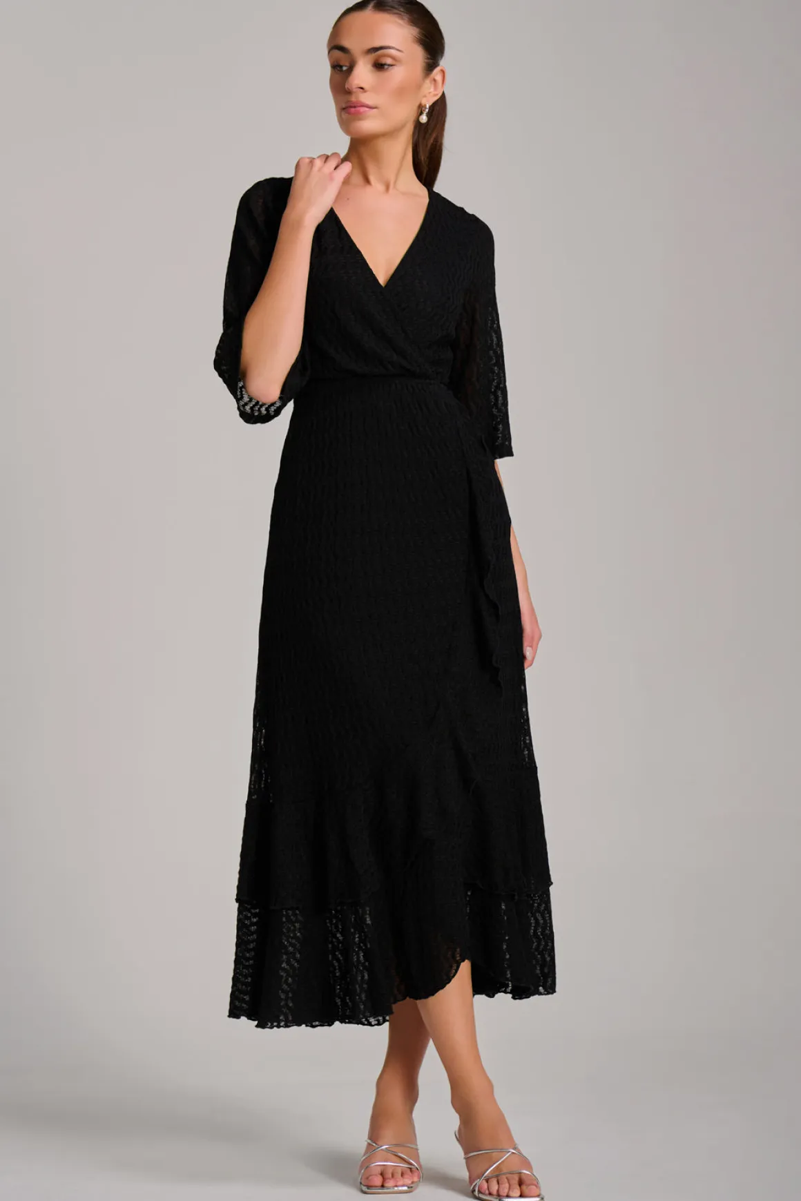 Textured Ruffle Hem Knitted Maxi Dress, Black