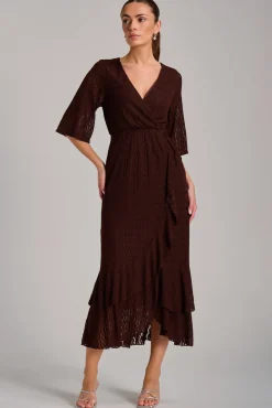 Textured Ruffle Hem Knitted Maxi Dress, Brown