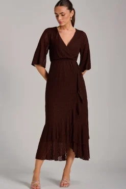 Textured Ruffle Hem Knitted Maxi Dress, Brown