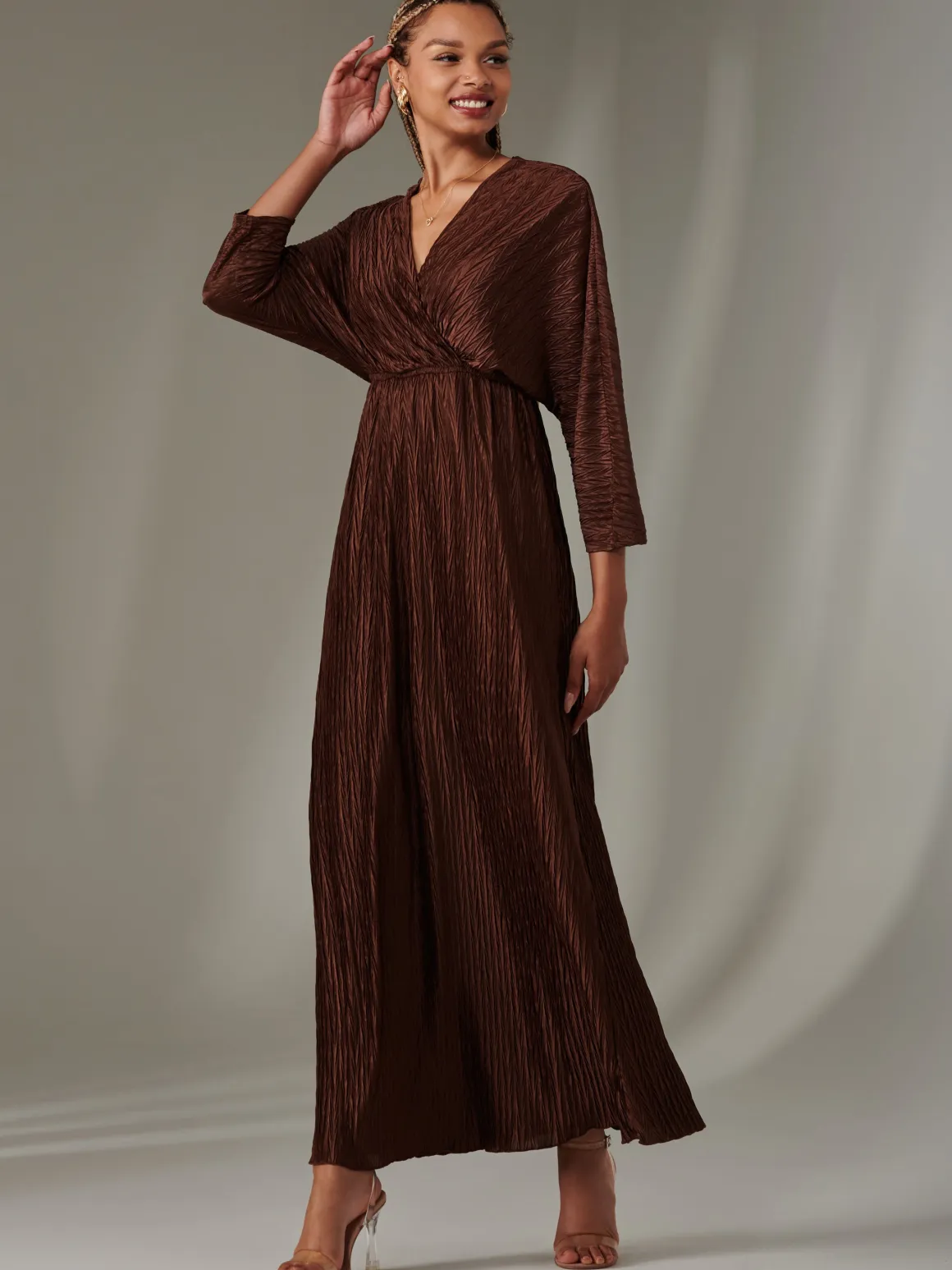 Texture Jersey Long Sleeve Maxi Dress, Chocolate