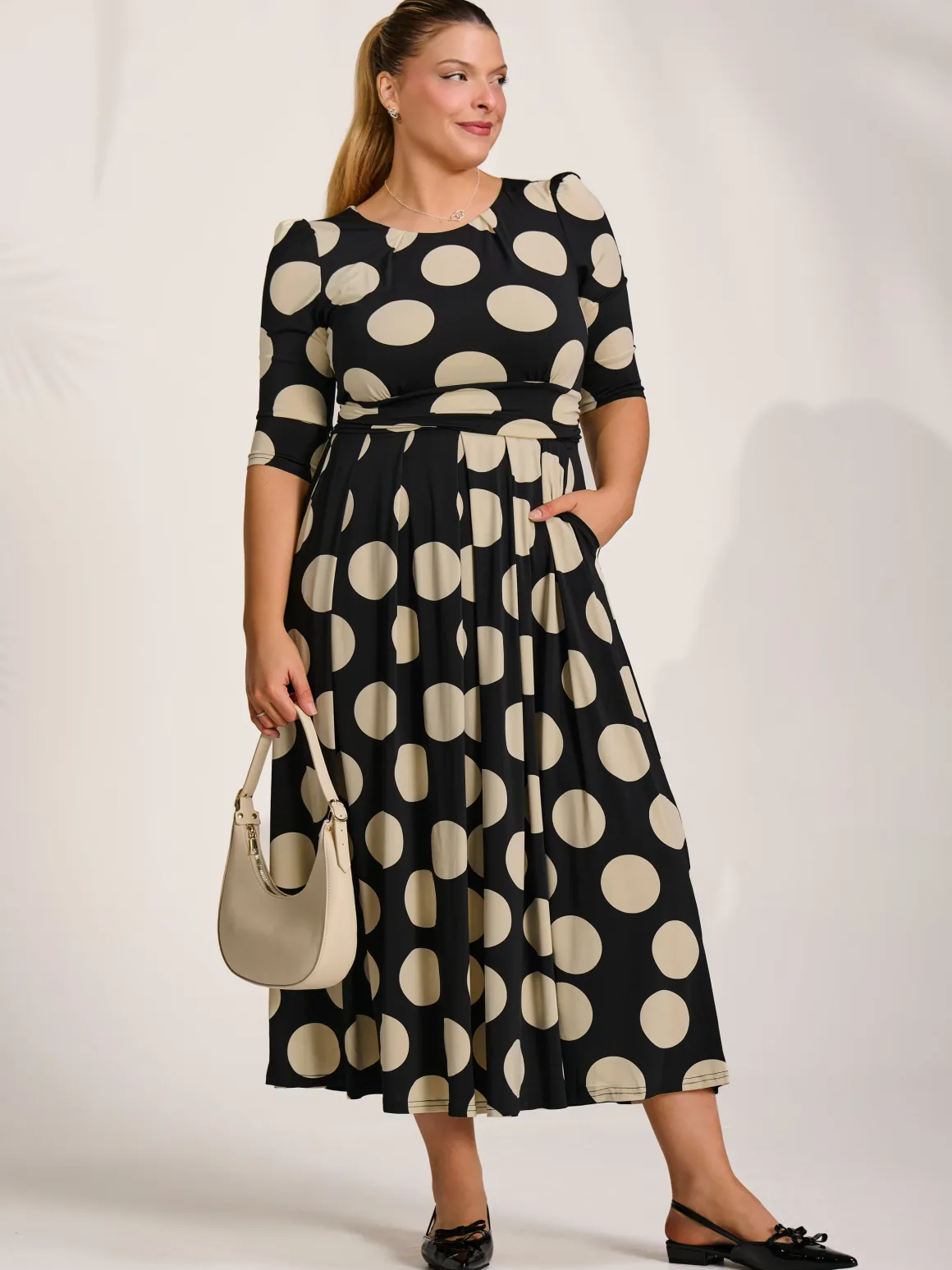 Three quarter sleeve jersey maxi dress, Black Spot