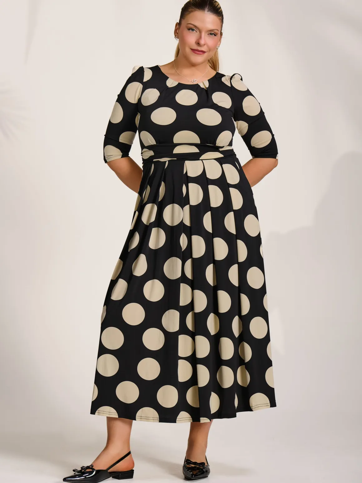 Three quarter sleeve jersey maxi dress, Black Spot