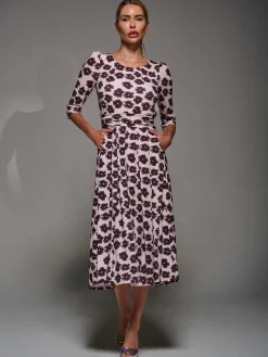 Three Quarter Sleeve Jersey Midi Dress, Beige Floral