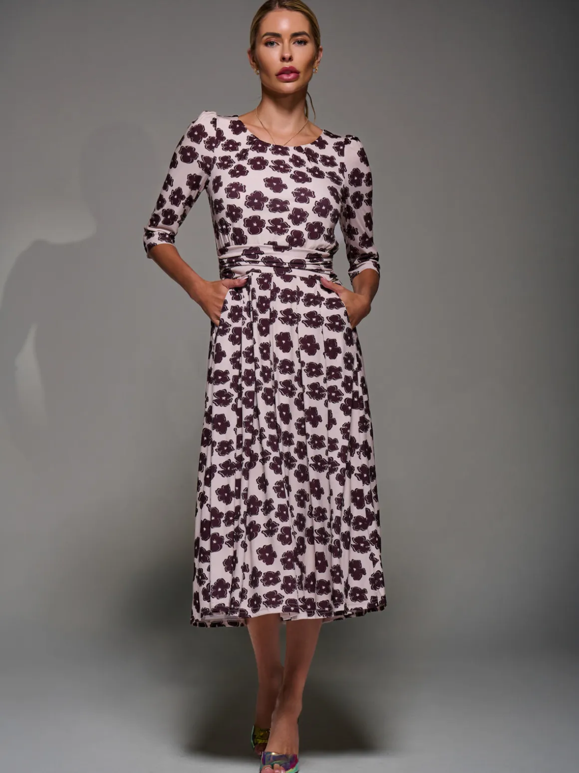 Three Quarter Sleeve Jersey Midi Dress, Beige Floral