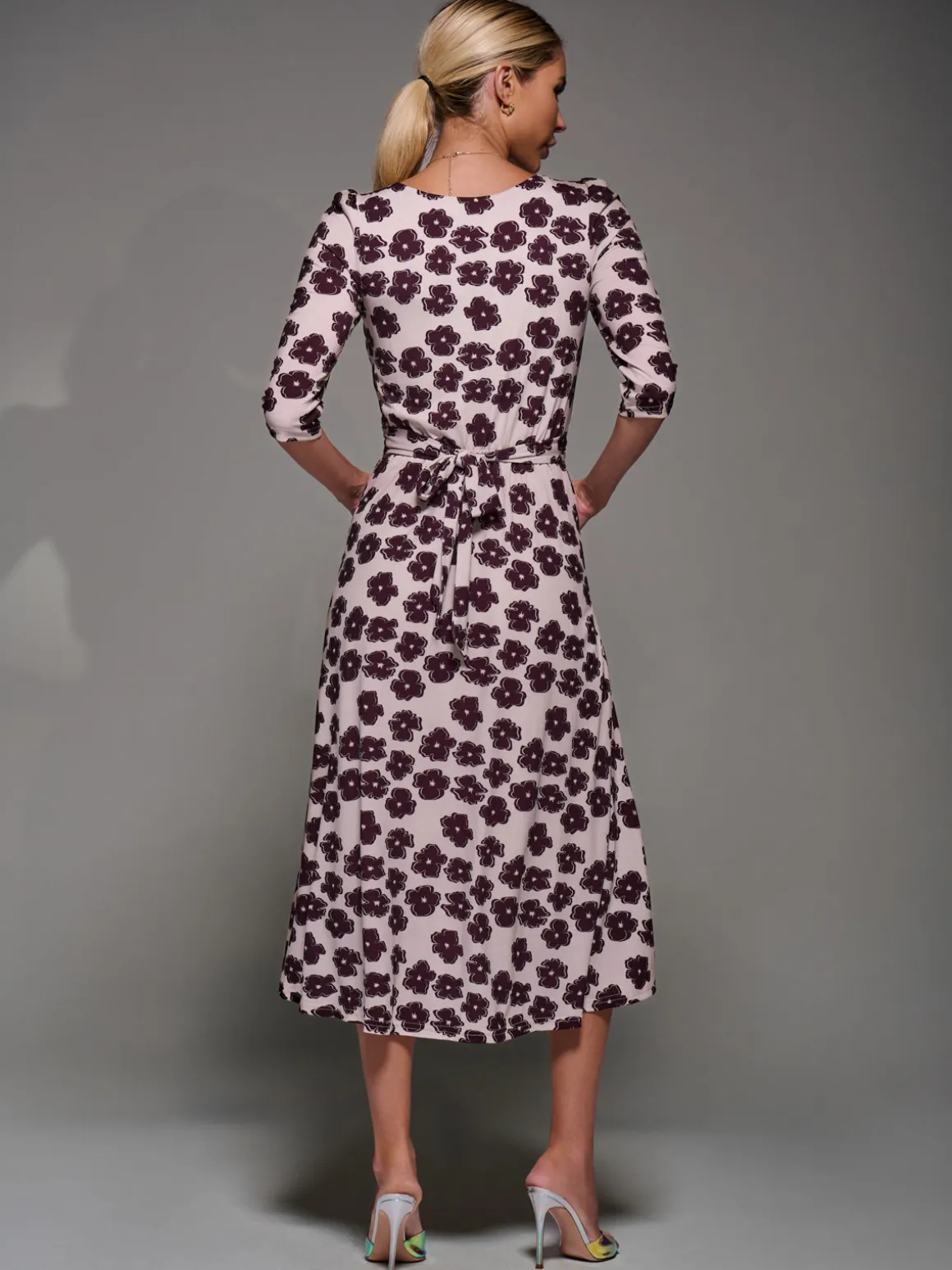 Three Quarter Sleeve Jersey Midi Dress, Beige Floral