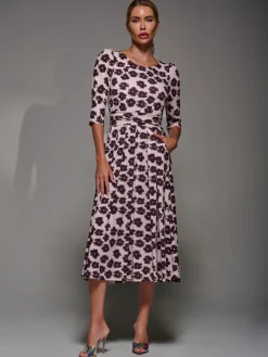 Three Quarter Sleeve Jersey Midi Dress, Beige Floral