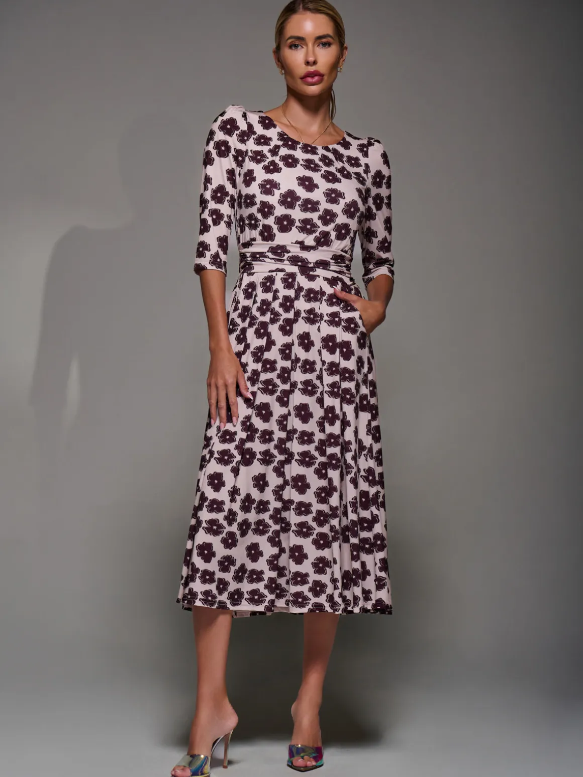 Three Quarter Sleeve Jersey Midi Dress, Beige Floral