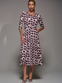 Three Quarter Sleeve Jersey Midi Dress, Beige Floral