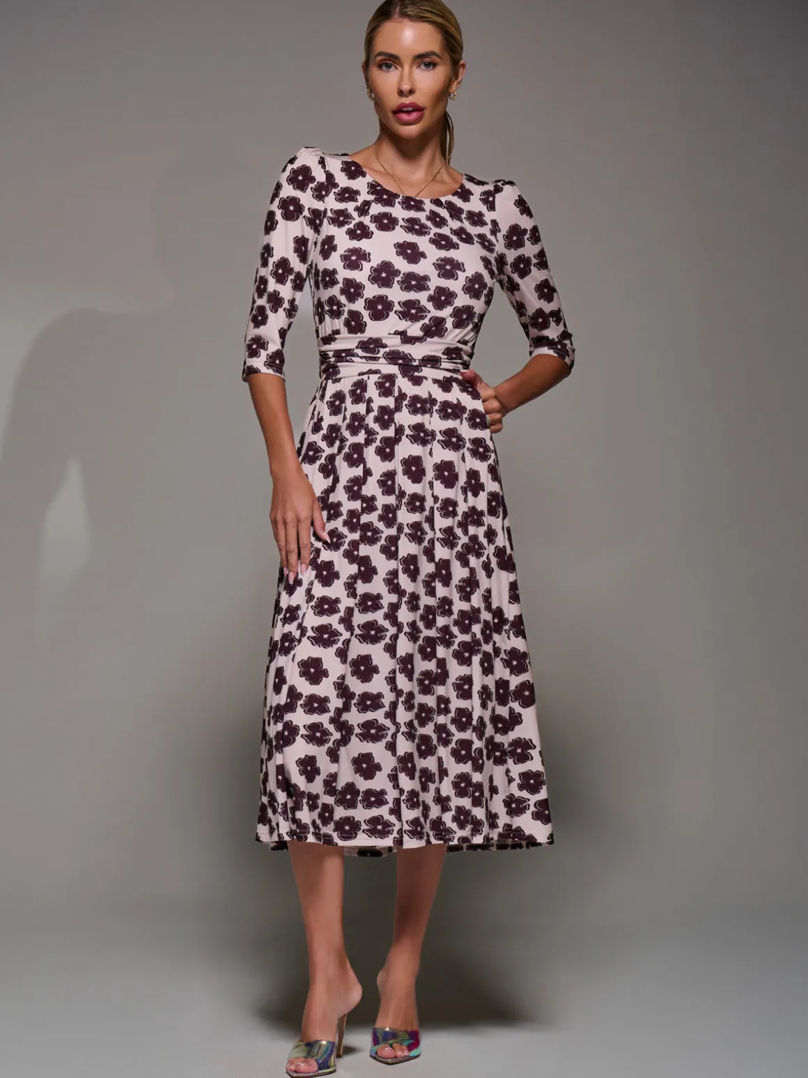 Three Quarter Sleeve Jersey Midi Dress, Beige Floral