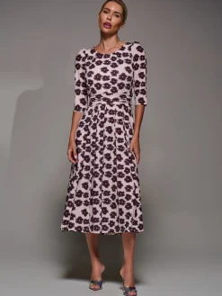Three Quarter Sleeve Jersey Midi Dress, Beige Floral