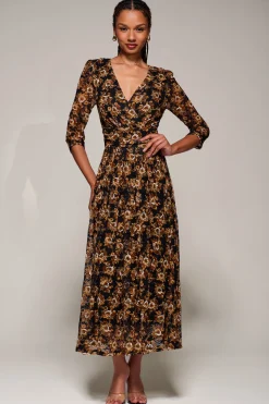 Three Quarter Sleeve Printed Lace Maxi, Black Floral