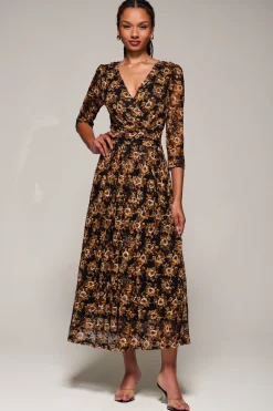 Three Quarter Sleeve Printed Lace Maxi, Black Floral